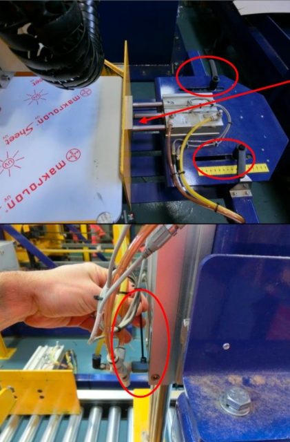<p>Fully extend the right side stop cylinder and loosen the clamps to adjust the cylinder to meet the template. Tighten the locks once in correct position.</p>
