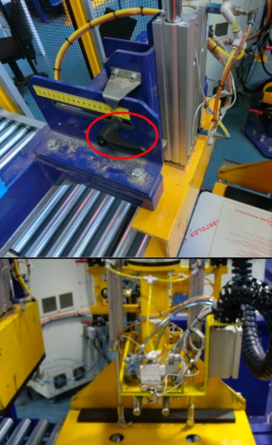 Extend the left cylinder
down; loosen the clamp
to adjust the cylinder to
meet the template. Tighten the clamp once in correct
position.
Remove the template, so
robot gripper is ready for
production.